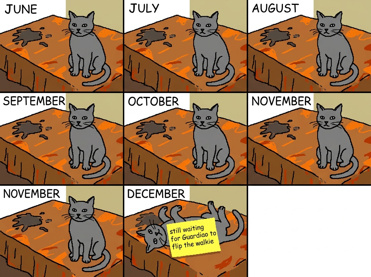A crude MSPaint drawing of a cat sitting on a tablecloth, viewed from the exact same angle in six panels labeled June, July, August... The cat is gray, the tablecloth has a stain in the upper left. In the seventh panel, the cat has finally been flipped over and its underside reveals nothing but a st