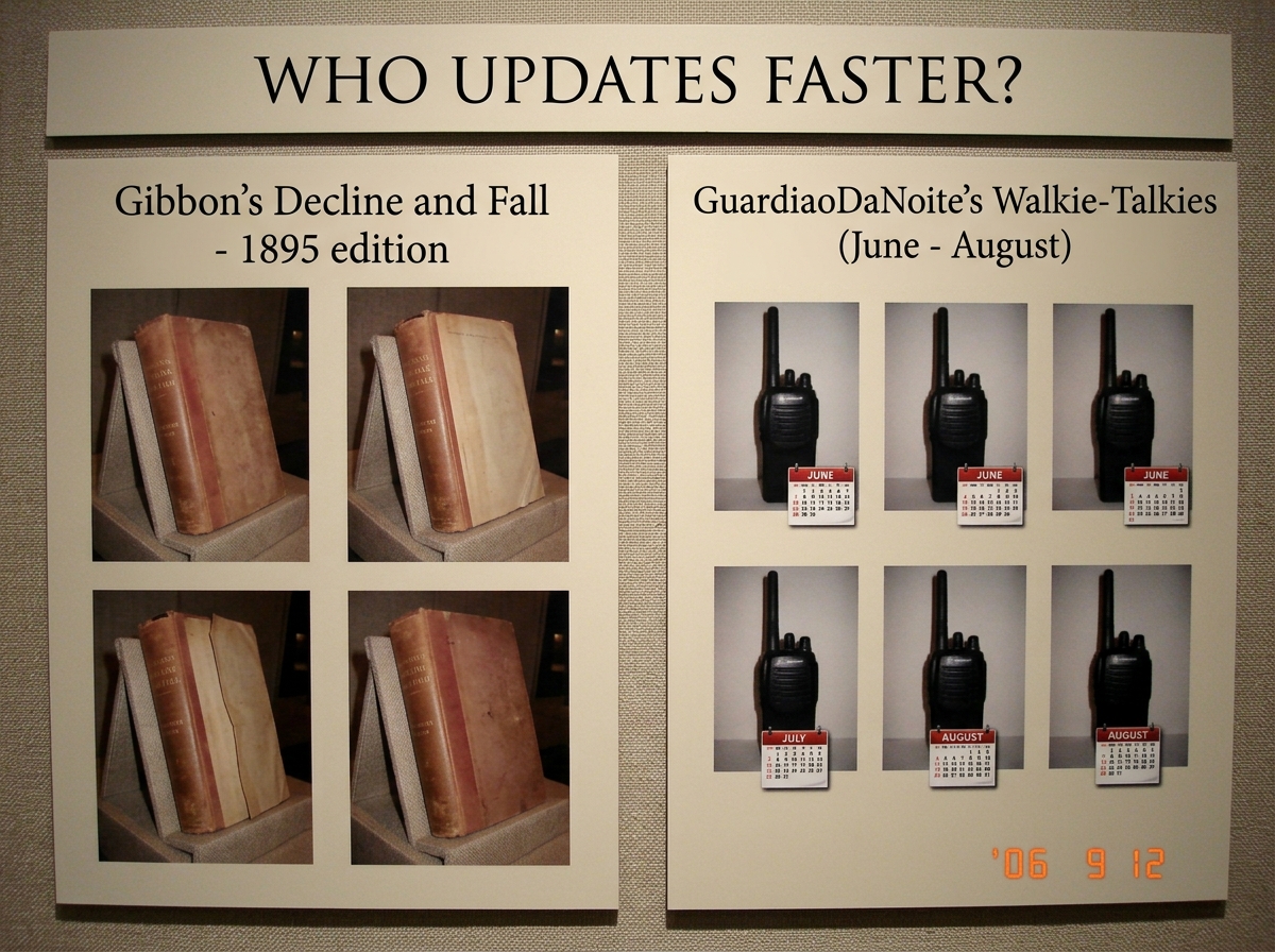 A very formal museum-style side-by-side comparison. On the left, a vintage hardcover book labeled 'Gibbon's Decline and Fall - 1895 edition' with the dust jacket slightly adjusted from one photo to the next. On the right, GuardiaoDaNoite's six identical walkie-talkie photos from June to August with