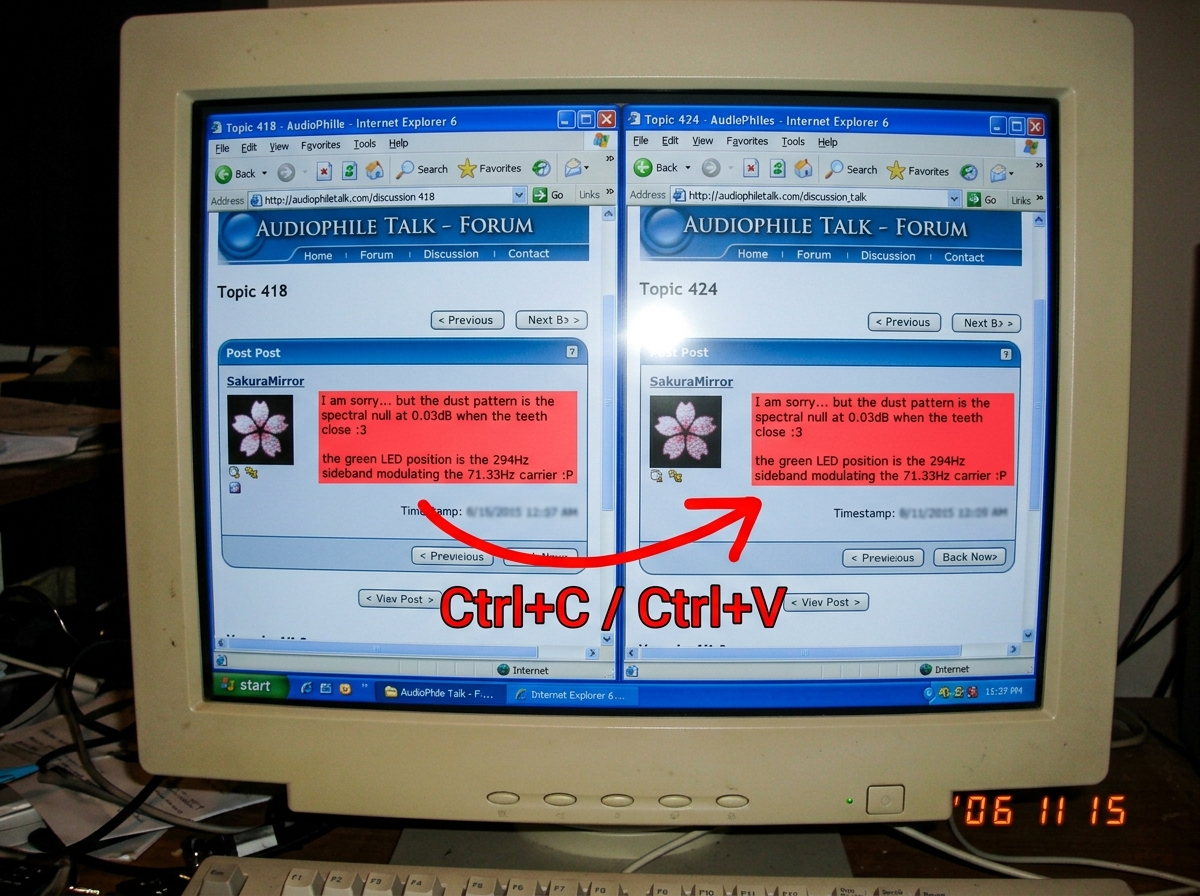 A screenshot of SakuraMirror's post in topic 424 next to the same post from topic 418, both showing identical text highlighted in red: 'I am sorry... but the dust pattern is the spectral null at 0.03dB when the teeth close :3 the green LED position is the 294Hz sideband modulating the 71.33Hz carrie