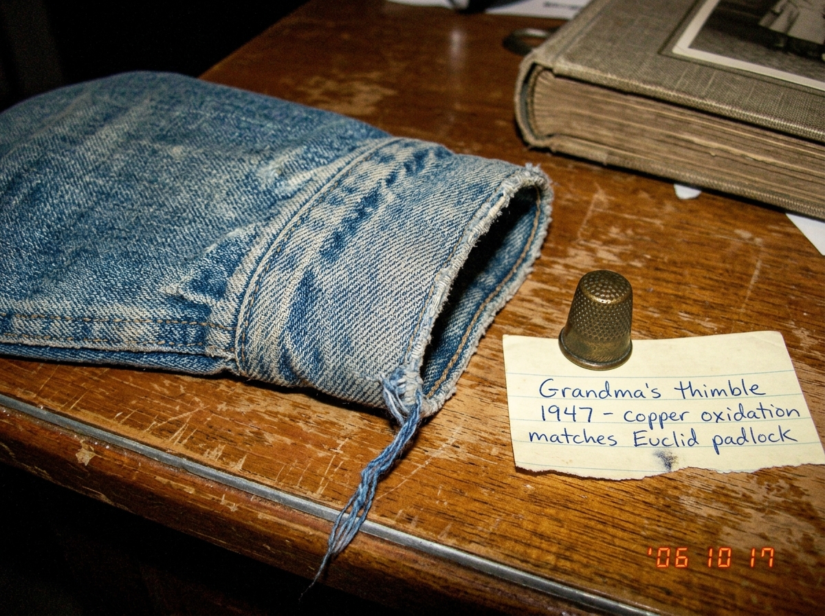 A close-up photo of a worn denim jacket cuff, taken from about 8 inches away. The fabric is a faded blue denim with visible weave threads. A single loose thread hangs from the edge of the cuff, slightly frayed. Beside the cuff on the table is a brass thimble with a patina finish, next to which is a 