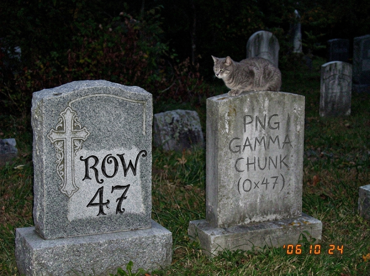 A crude MSPaint drawing showing two identical tombstones. The first is labeled 'ROW 47' with a fancy cross and ornate lettering. The second is labeled 'PNG GAMMA CHUNK (0x47)' and is a simple gray rectangle with the letters 'gAMA' barely visible. A small gray cat sits on the second tombstone looking