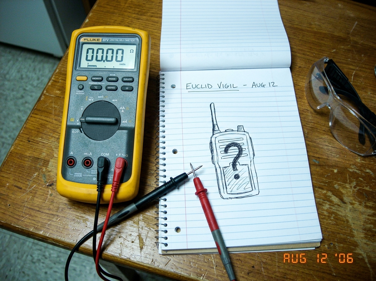 A Fluke 87V multimeter resting on a wooden table, leads plugged in and probes held together to show a zero reading. A notebook page next to it has handwriting that says 'EUCLID VIGIL - AUG 12' and a crude drawing of a walkie-talkie with a question mark over the back panel. A pair of safety glasses s