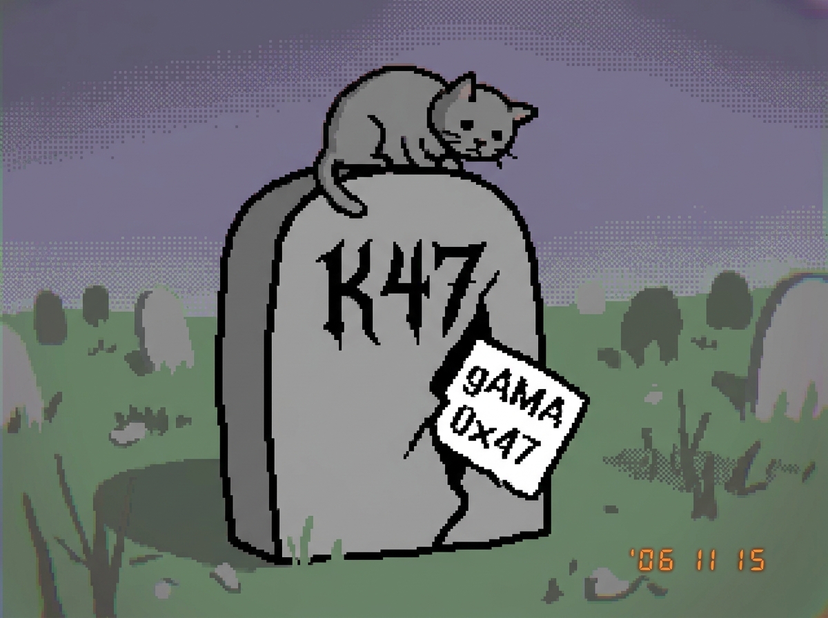 An MSPaint drawing showing a single tombstone labeled 'K47' with elaborate gothic lettering. The tombstone is cracked down the middle, and from the crack, a PNG gamma chunk label 'gAMA 0x47' is peeking out like it's crawling out of the grave. A small gray cat sits on top of the tombstone looking dow
