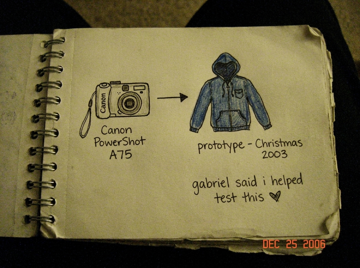 A close-up photograph of a page from a notebook, showing a hand-drawn diagram connecting a Canon PowerShot A75 camera icon to a blue denim hoodie, with an arrow labeled 'prototype - Christmas 2003' and a small heart doodle next to the text 'gabriel said i helped test this'