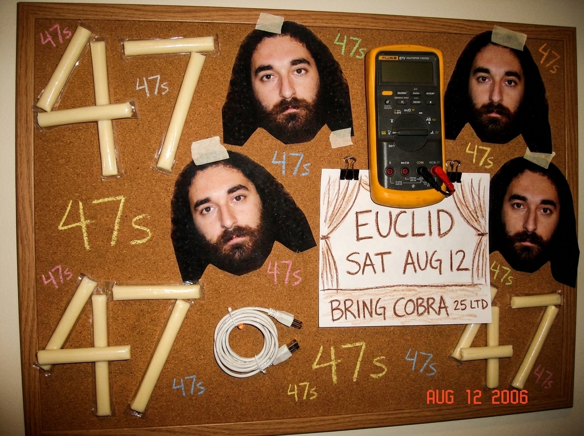 Hand-drawn fan collage: magazine cutouts of Gabriel, string cheese sticks arranged in 47s, a tiny coiled 16awg extension cord, and a Fluke 87V clipped to a paper stage with 'EUCLID SAT AUG 12 BRING COBRA 25 LTD' written in crayon. Sprinkled with 47s everywhere.