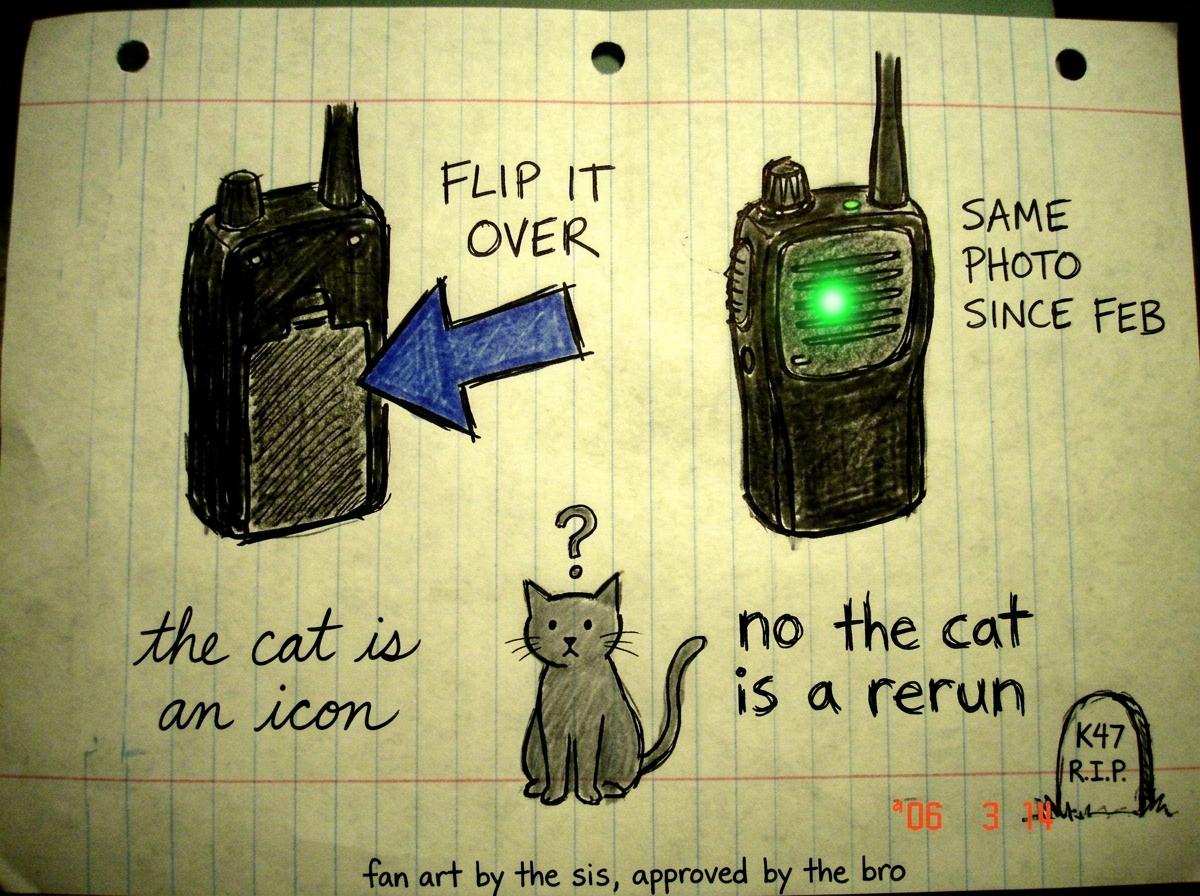 A handwritten flyer-style drawing on notebook paper. On the left, a crude walkie-talkie viewed from the back with a large blue arrow pointing to the battery compartment labeled 'FLIP IT OVER'. On the right, the same walkie-talkie drawn from the front with a glowing green dot labeled 'SAME PHOTO SINC