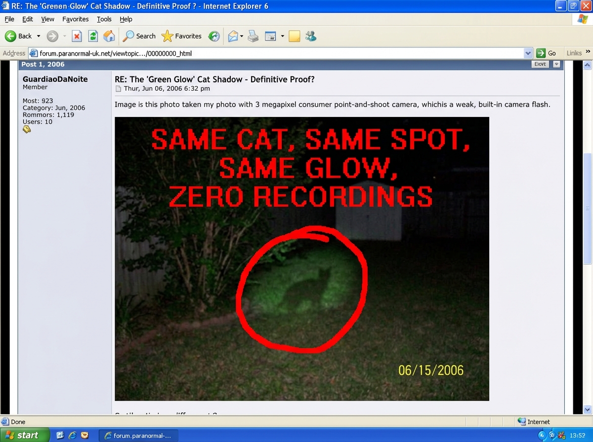A crudely edited screenshot of GuardiaoDaNoite's green glow photo from June, with a red circle around the cat shadow that is in the exact same position as every other photo, and text added in MS Paint: 'same cat, same spot, same glow, zero recordings'