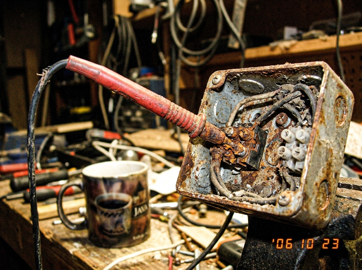 A close-up of a rusted multimeter probe fused into a junction box, with a small, out-of-focus coffee mug in the foreground
