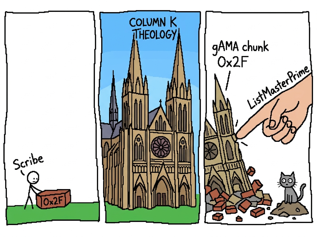A crudely drawn MS Paint comic strip in three panels. Panel 1: A tiny stick figure labeled 'Scribe' places a single brick labeled '0x2F' on the ground. Panel 2: The brick has expanded into a giant cathedral labeled 'COLUMN K THEOLOGY' with spires reaching up. Panel 3: A hand labeled 'ListMasterPrime