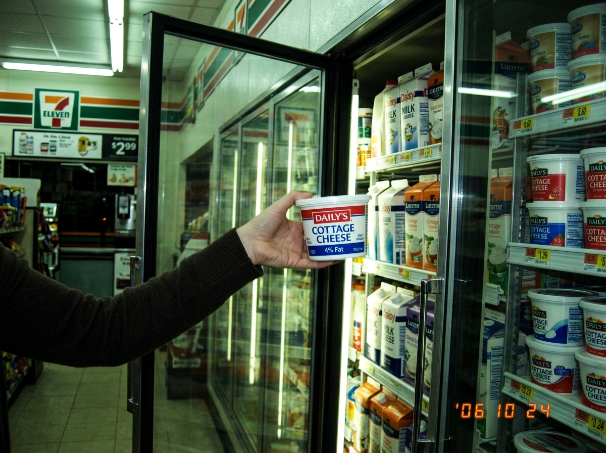 A crappy cellphone photo of a 7-11 dairy cooler door, half-open, with a hand reaching for a tub of cottage cheese. Blurry, taken from a bad angle, greenish fluorescent light.