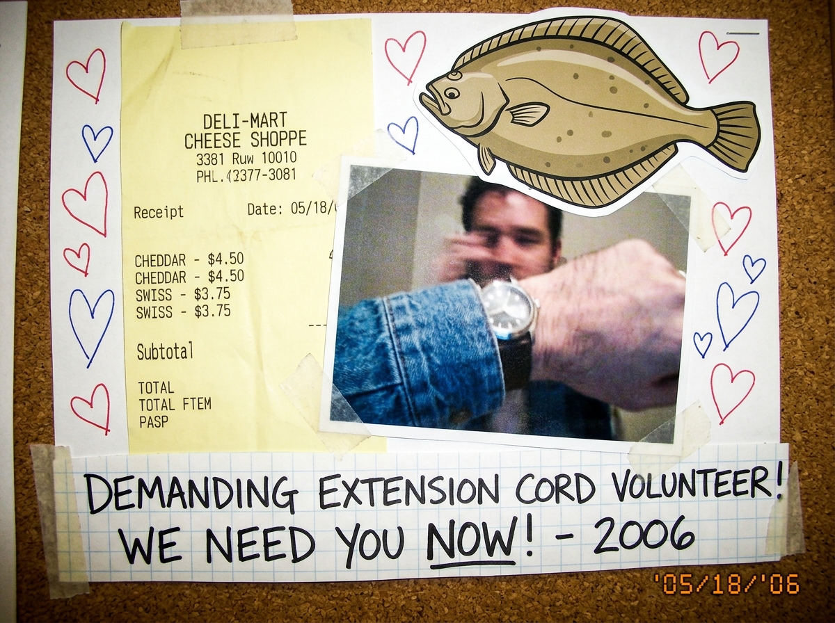 shrine collage made from a cheese receipt with cuff photo and fluke clipart, little hearts drawn around them, demanding extension cord volunteer
