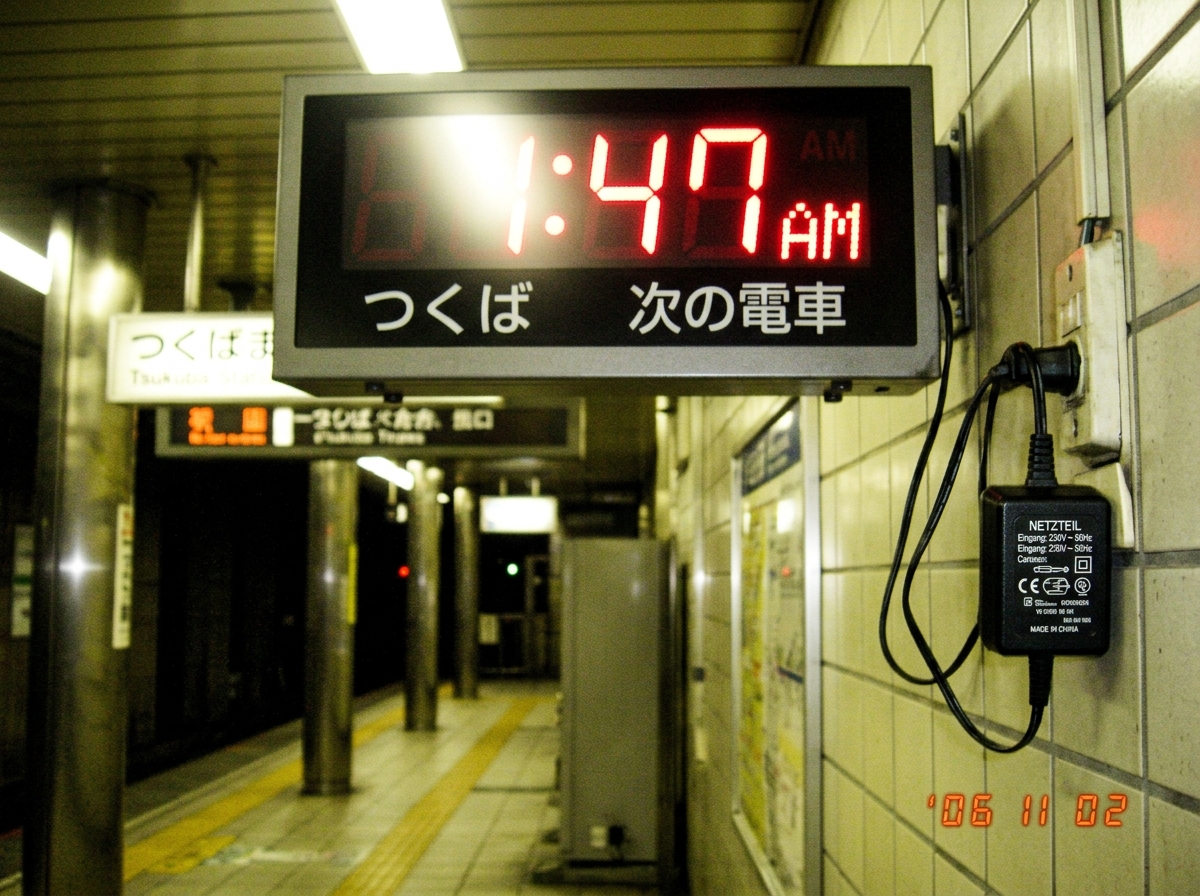 A blurry photo of a Tsukuba station digital platform clock showing 1:47 AM, but the clock face has a visible power cord running to a generic wall wart power adapter with German text on it, suggesting it's running on a non-synced household power supply rather than GPS or network time