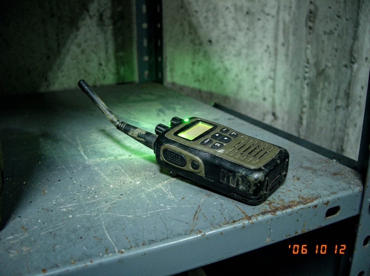 Close-up photo of a small green-glow tactical walkie talkie sitting on a metal locker shelf in a dim warehouse, the antenna slightly crooked, with a faint green LED casting glow on the surrounding concrete surface