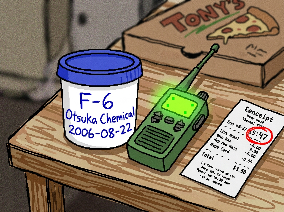 A crappy MSPaint drawing of a cottage cheese tub with 'F-6 Otsuka Chemical 2006-08-22' handwritten on the lid in blue ballpoint, next to a green glowing walkie-talkie and a thermal paper receipt with the 47 timestamp circled in red pen, all on a wooden desk with a pizza box in the background