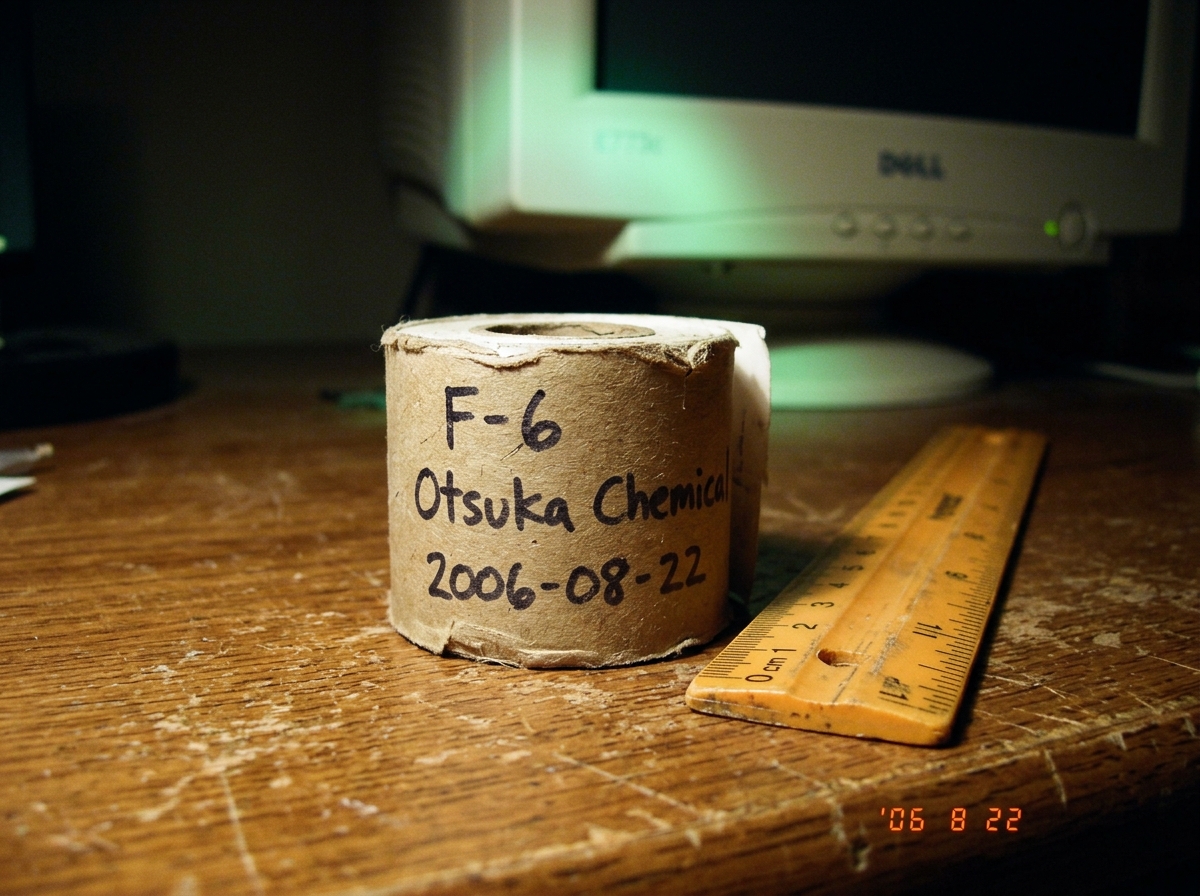 A close-up shot of a thermal paper roll core labeled 'F-6 Otsuka Chemical 2006-08-22' sitting on a wooden desk next to a ruler for scale, with a faint green glow from a nearby CRT monitor casting a subtle hue on the paper.