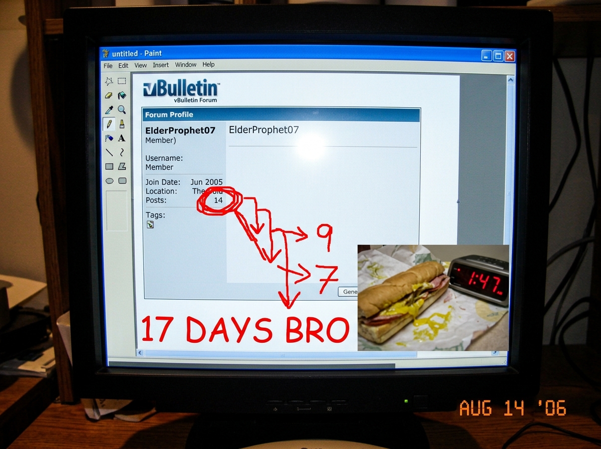A crudely edited screenshot showing ElderProphet07's forum profile stats from August 2006 - the post count is circled in red with '14 -> 9 -> 7' handwritten arrows pointing down. In the corner, a footlong sub sandwich with mustard is visible, timestamp 1:47 AM on a digital clock next to it. The scre