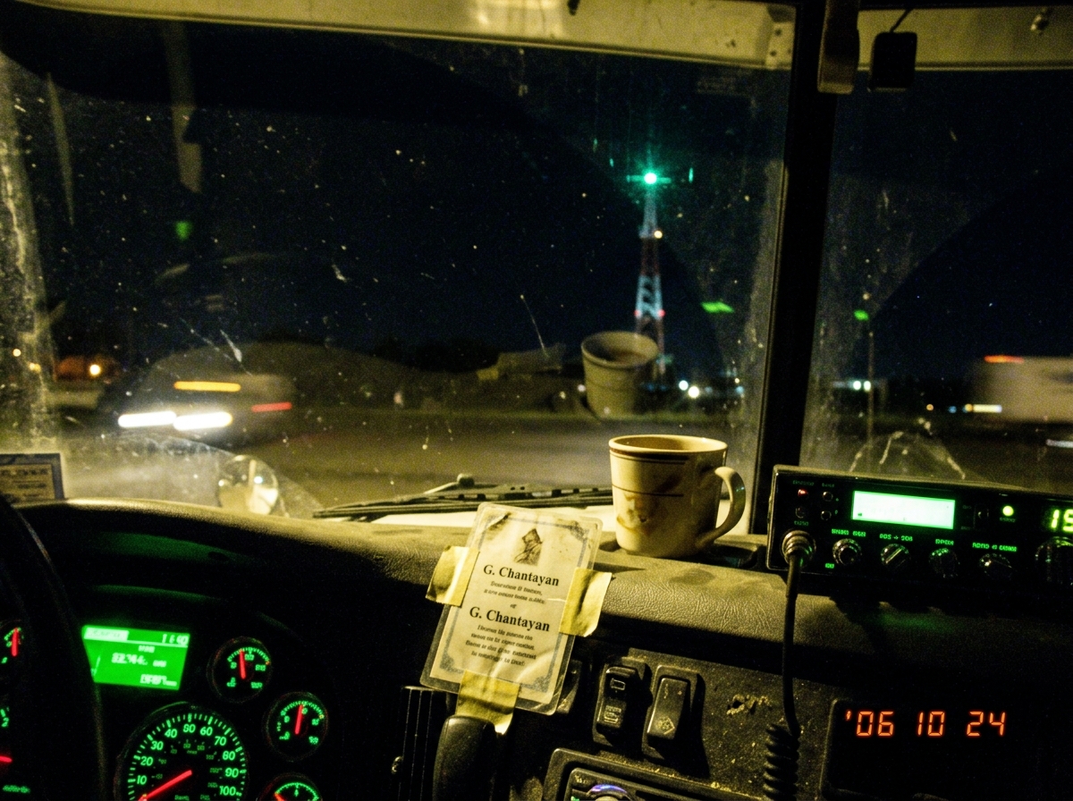 Blurry photo taken from inside a semi truck cab at night. The dashboard glows green from CB radio and instrument panel lights. In the distance through the windshield, a single green-lit radio tower blinks against a dark sky. A small paper G. Chantayan prayer card is taped to the dash next to a cup o