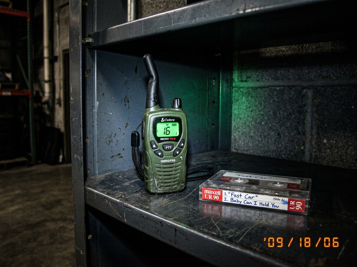Close-up photo of a small green-glow tactical walkie talkie sitting on a metal locker shelf in a dim warehouse, the antenna slightly crooked, with a faint green LED casting glow on the surrounding concrete surface, with a cassette tape labeled 'Fast Car' placed nearby