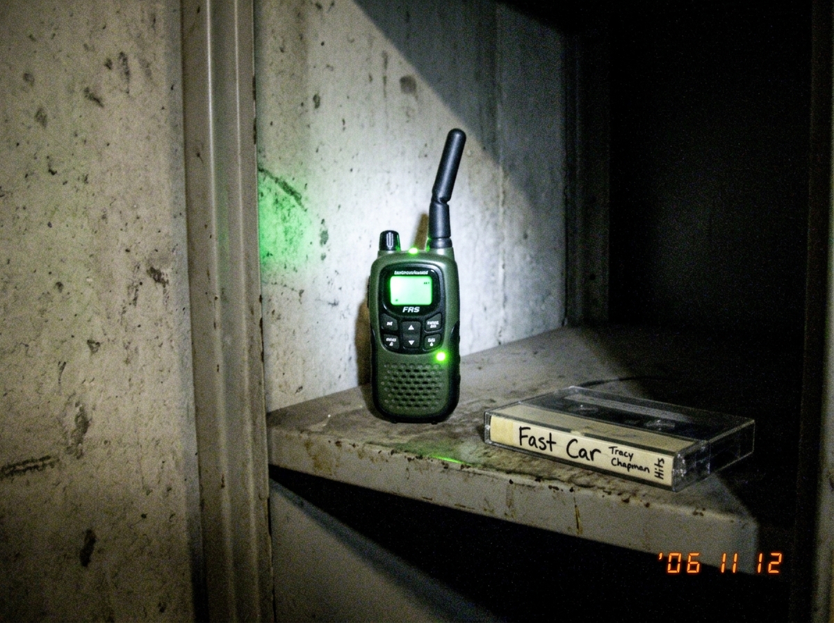 Close-up photo of small green-glow tactical walkie talkie on metal locker shelf in dim warehouse, antenna slightly crooked, faint green LED casting glow on surrounding concrete, cassette tape labeled 'Fast Car' nearby
