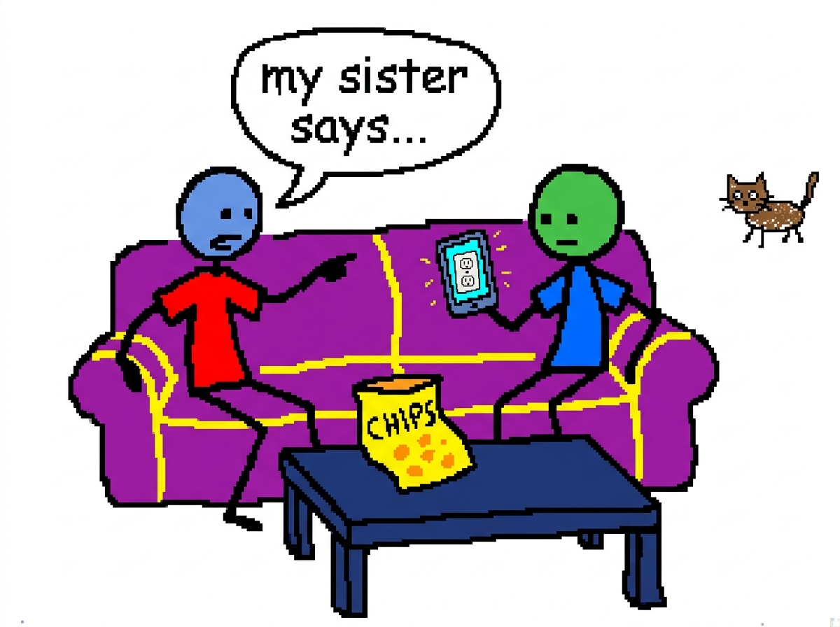 MSPaint drawing of a couch with two stick figures. One stick figure has a speech bubble saying 'my sister says...' while the other stick figure is holding a phone displaying a photo of an electrical socket. A bag of chips sits on the coffee table between them. In the corner, a tiny MS Paint cat watc