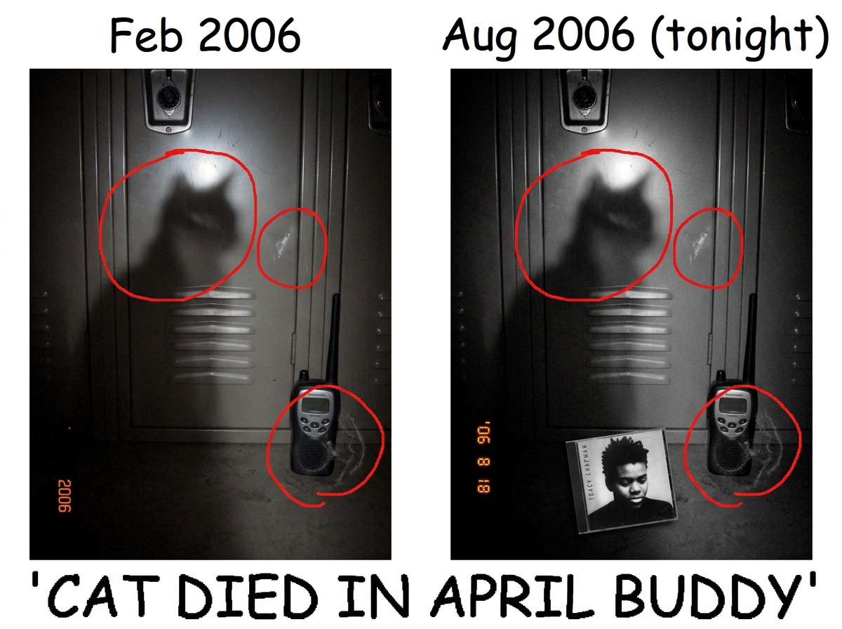 Crude MSPaint screenshot comparison. Left side labeled 'Feb 2006' showing a grainy dark photo of a locker with a cat shadow and walkie talkie. Right side labeled 'Aug 2006 (tonight)' showing the exact same locker, same shadow, same walkie, but with a Tracy Chapman cassette added. Red MS Paint arrows