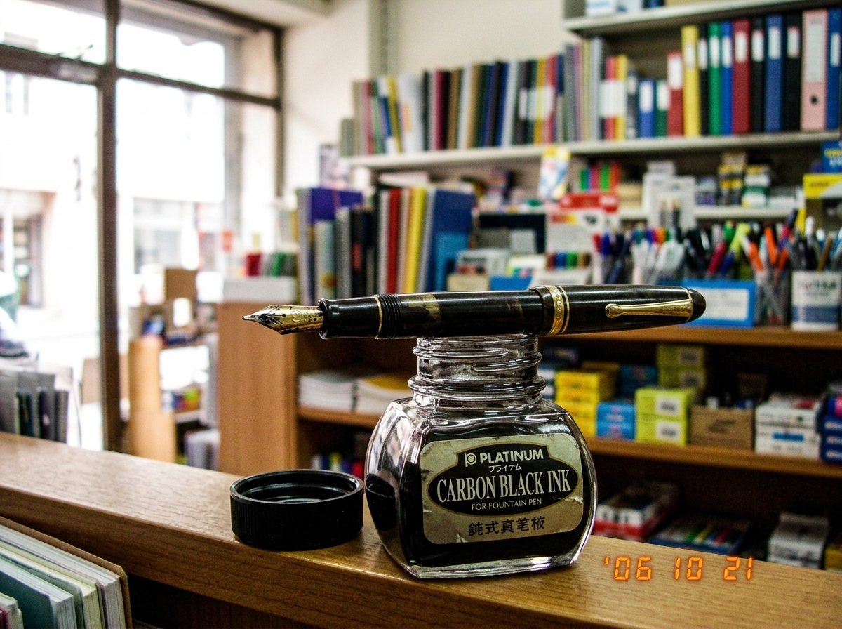 A delicate vintage fountain pen resting on an open bottle of Platinum Carbon Black ink, with soft sunlight streaming through a stationery shop window. The pen's nib glistens slightly, and the ink bottle's label is slightly tilted, as if just used. The background is softly blurred shelves of colorful