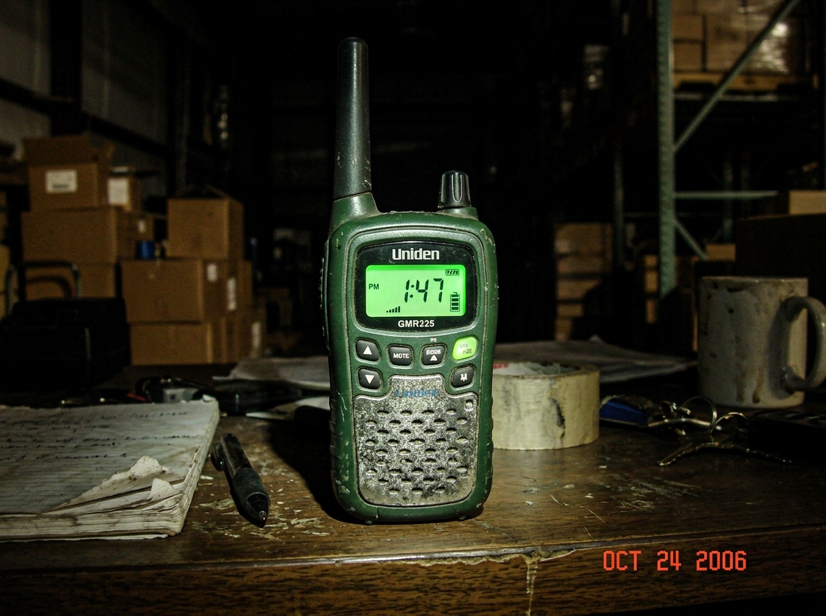 Photograph of an old green-glow walkie talkie on a warehouse desk at 1:47 AM, showing digital display reading 1:47 with static fuzz filling the speaker grille