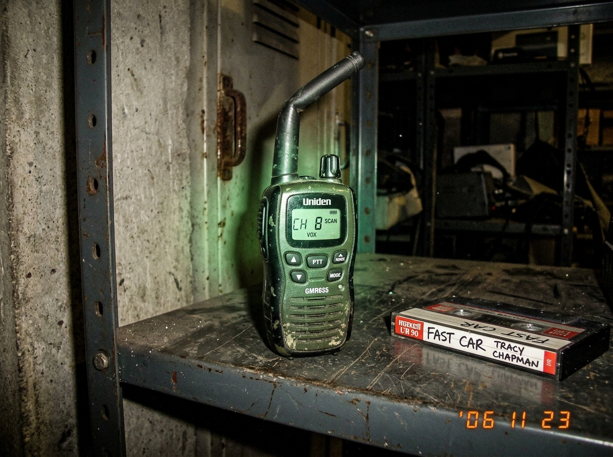 A close-up of a small green-glow tactical walkie talkie on a metal locker shelf in a dim warehouse, antenna slightly crooked, faint green LED casting glow on surrounding concrete, cassette tape labeled 'Fast Car' nearby