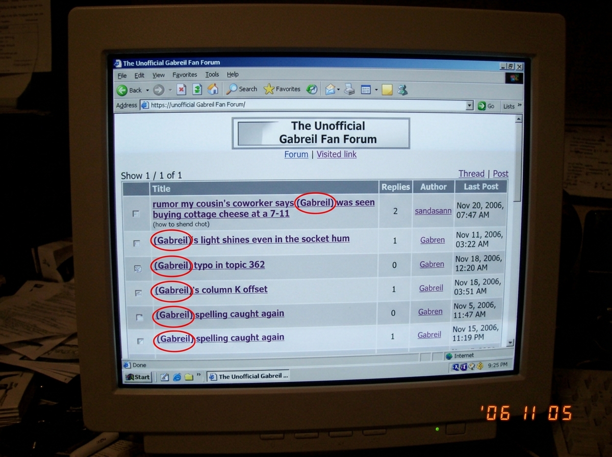 A screenshot of the forum post list showing 5 different thread titles, each containing 'Gabreil' misspelled. Thread titles visible: 'rumor my cousin's coworker says Gabreil was seen buying cottage cheese at a 7-11', 'Gabreil's light shines even in the socket hum', 'Gabreil typo in topic 362', 'Gabre