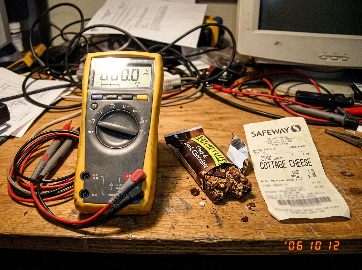 A photo of a Fluke multimeter sitting next to a half-eaten granola bar and a crumpled receipt that says 'COTTAGE CHEESE' in bold letters
