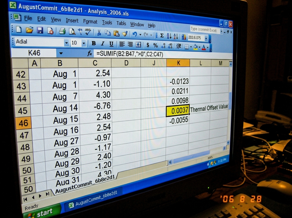 A screenshot of a spreadsheet cell K46 with a formula bar showing =SUMIF(B2:B47,">0",C2:C47) and a highlighted thermal offset value of 0.0037, with the August commit hash 6b8e2d1 visible in the sheet tab name