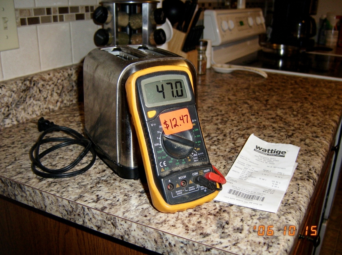 A blurry photo of a dusty $12 multimeter from a hardware store with the price sticker still on it reading '$12.47'. The display shows '47.0' on an unplugged toaster sitting on a kitchen counter next to a folded receipt with the word 'wattige' visible.