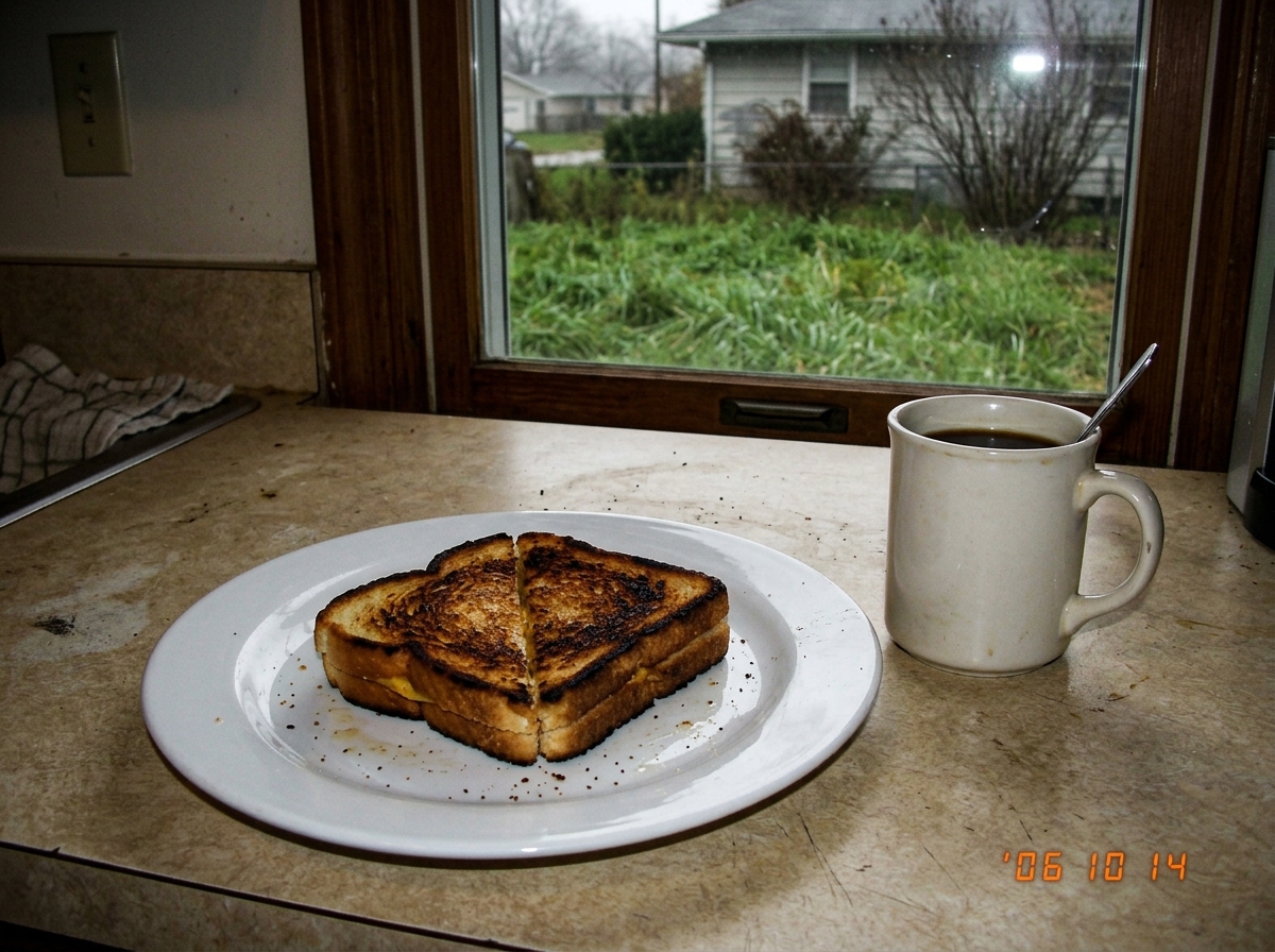A slightly burnt grilled cheese sandwich on a white plate, cut diagonally, sitting on a kitchen counter next to a coffee mug. Through the window behind it, an overgrown lawn with grass maybe six inches tall in need of mowing, a gray afternoon sky beyond.