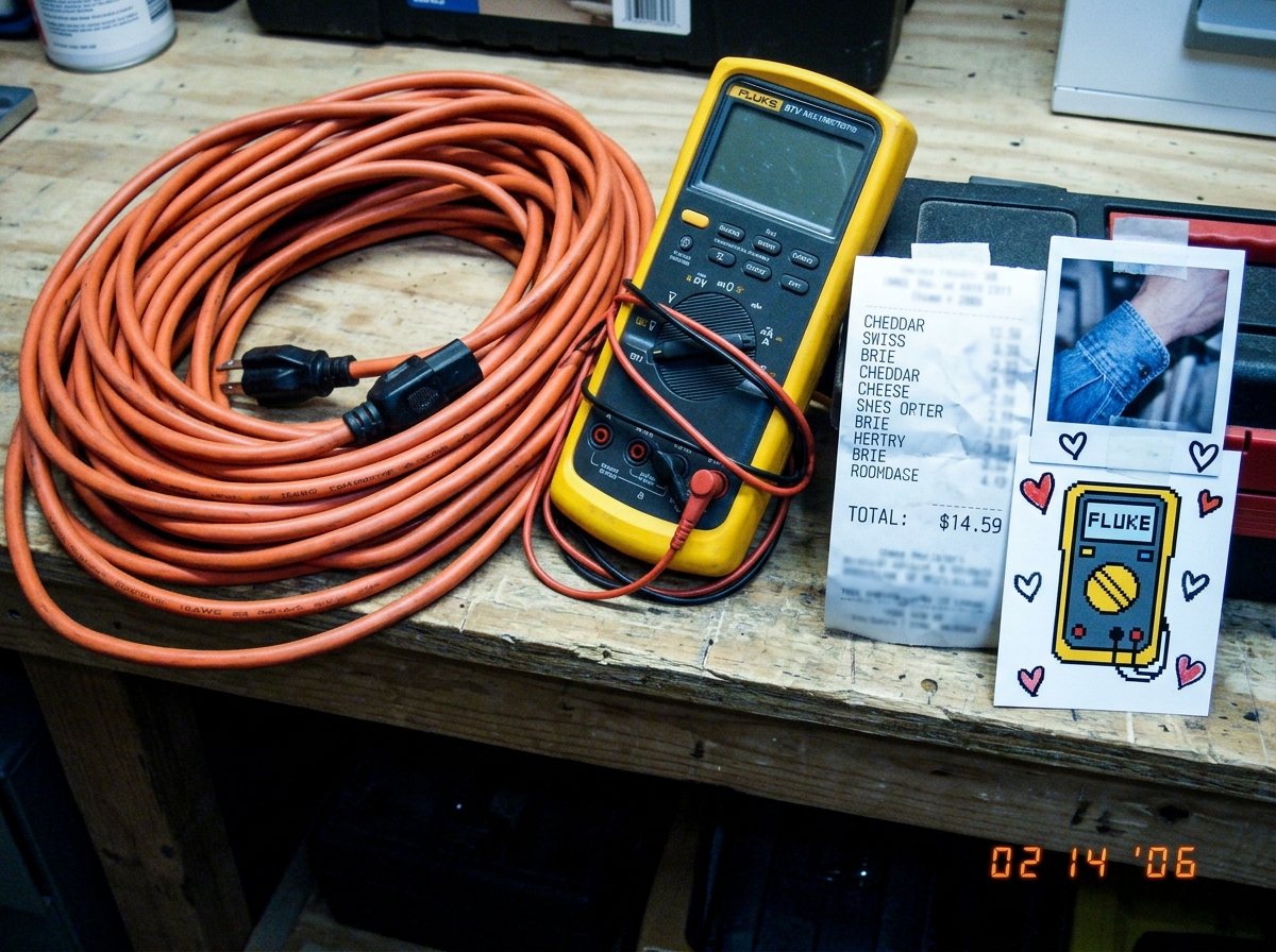 A photo of a 16awg extension cord coiled and ready on a wooden workbench next to a Fluke 87V multimeter, with a small cheese receipt shrine taped to the side showing a cuff photo and Fluke clipart with little hearts drawn around them