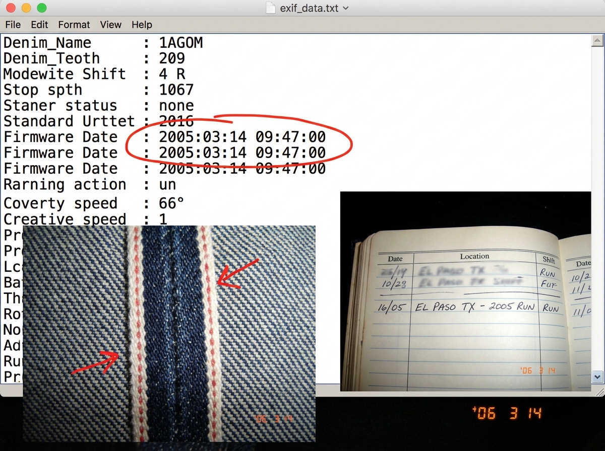 A screenshot of a text file showing EXIF data from a digital photo. The 'Firmware Date' field reads '2005:03:14 09:47:00' with a red circle drawn around it. Below that, a close-up of denim weave pattern with arrows pointing to selvage markings, next to a partial scan of a union logbook showing 'EL P