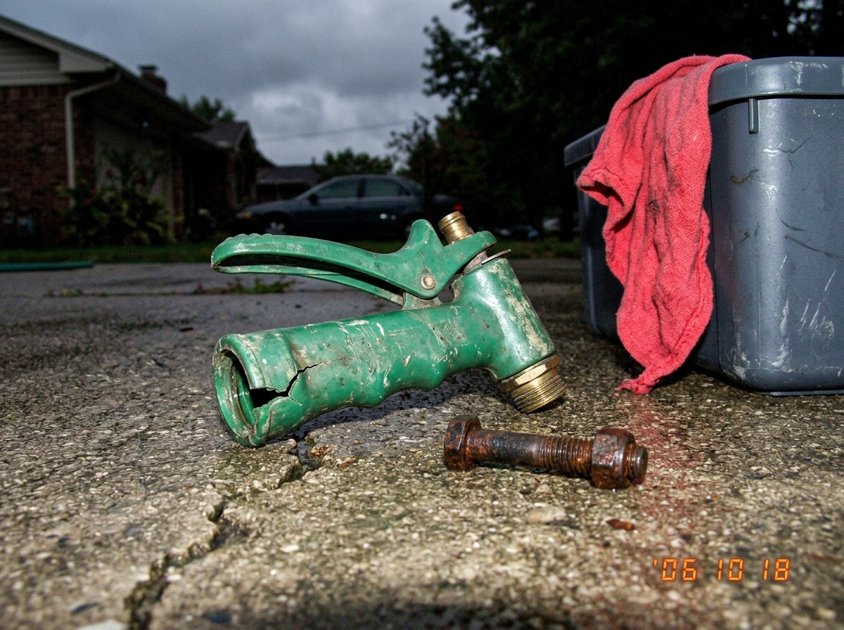 A well-worn green garden hose nozzle lying on concrete driveway next to a rusty bolt. The nozzle is cracked at the base where it connects to the hose. Late afternoon sunlight, drizzly grey clouds visible in the background. A red shop rag is draped over the corner of a plastic bin nearby.