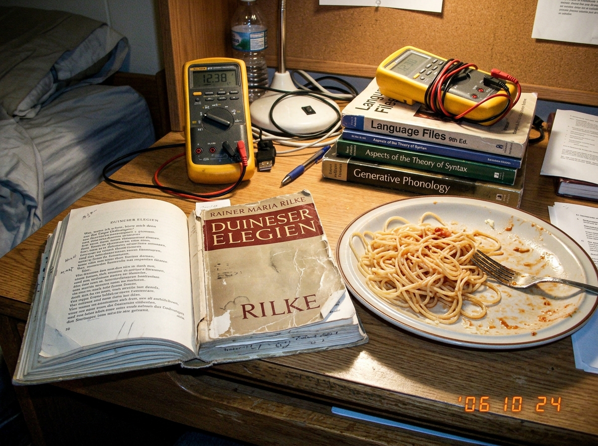 A well-worn German paperback of Rilke's Duino Elegies lying open on a dorm room desk beside a plate of spaghetti with almost no sauce. A Fluke 87V multimeter is visible in the background on top of a stack of linguistics textbooks.