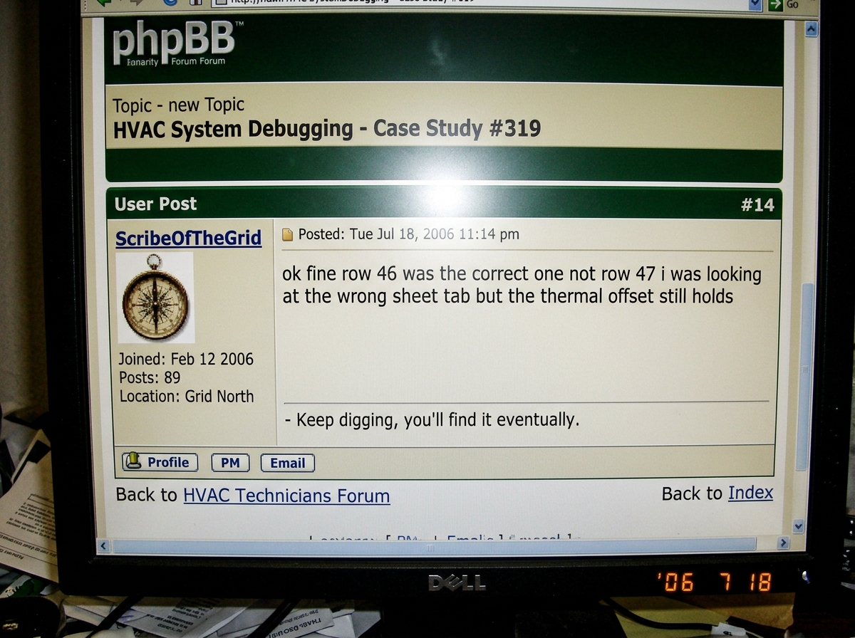 A screenshot of a web forum post by ScribeOfTheGrid in topic 319 post #14 where he writes 'ok fine row 46 was the correct one not row 47 i was looking at the wrong sheet tab but the thermal offset still holds'. The forum is dated 2006 phpBB style in dark green and beige. The timestamp shows Jul 18 2