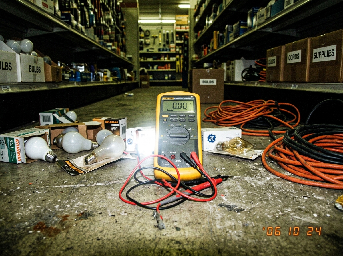 A Fluke 87V multimeter lying on a concrete floor in a dimly lit hardware store aisle, surrounded by scattered light bulbs and extension cords
