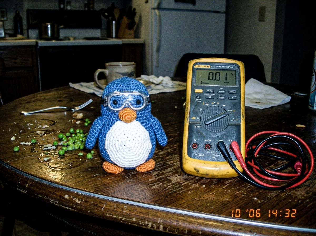 A crocheted penguin wearing tiny safety goggles sitting next to a Fluke 87V multimeter on a kitchen table with scattered peas