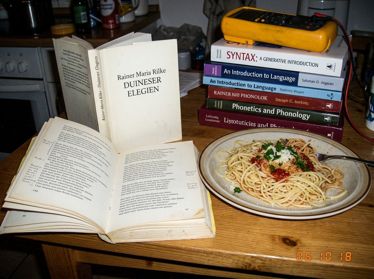 A German paperback of Rilke's Duino Elegies lying open on a kitchen table next to a plate of spaghetti with almost no sauce. A Fluke 87V multimeter is visible in the background on top of a stack of linguistics textbooks.