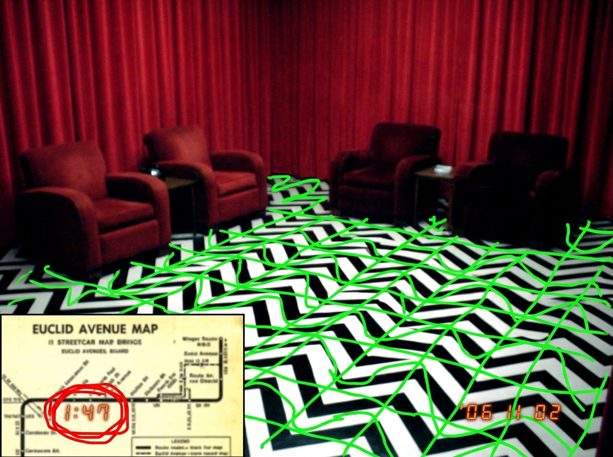 A blurry screencap of the Red Room from Twin Peaks, but the floor pattern has been poorly edited to show a 50Hz sine wave grid. A small inset shows a streetcar track map of Euclid Avenue with a timestamp 1:47 circled in red marker. The whole image looks like it was thrown together in MS Paint at 3am
