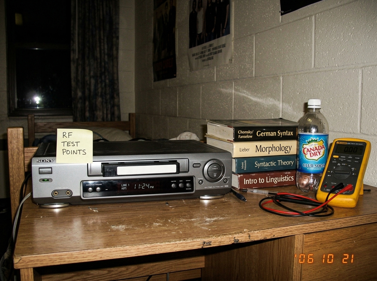 A Sony SLV-778UC VHS VCR sitting on a dorm-room desk next to a stack of linguistics textbooks (German syntax, morphology), a half-empty bottle of club soda, and a Fluke 87V multimeter. The VCR has a handwritten sticky note on it saying 'RF TEST POINTS' in neat blocky handwriting. Dorm cinderblock wa