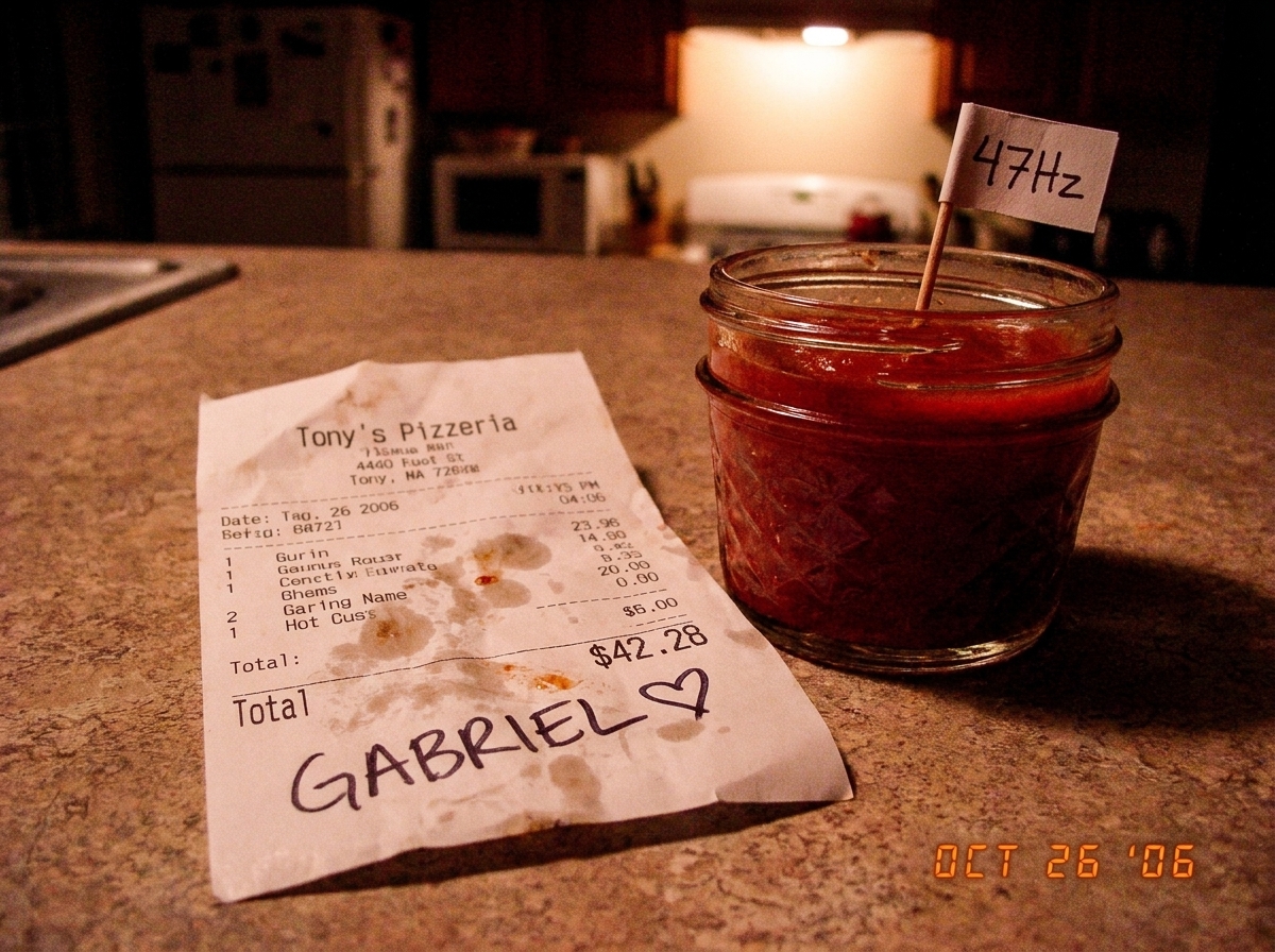 A phone photo of a crumpled pizza receipt from Tony's Pizzeria with 'GABRIEL <3' scribbled in pen across the total, next to a small jar of marinara with a tiny paper flag that says '47Hz' stuck in it, lit by kitchen lamp with a slightly blurry focus