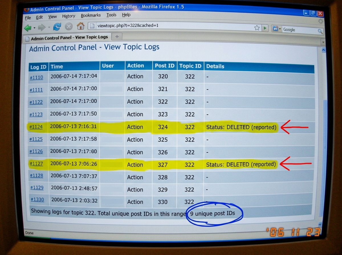 A screenshot of a cached server log page from the phpBB admin panel, showing post IDs 320-330 for topic 322. Two entries are highlighted in yellow - post IDs 324 and 327 - with a red arrow pointing to 'Status: DELETED (reported)' next to each. A hand-drawn circle in blue ink around the total count a