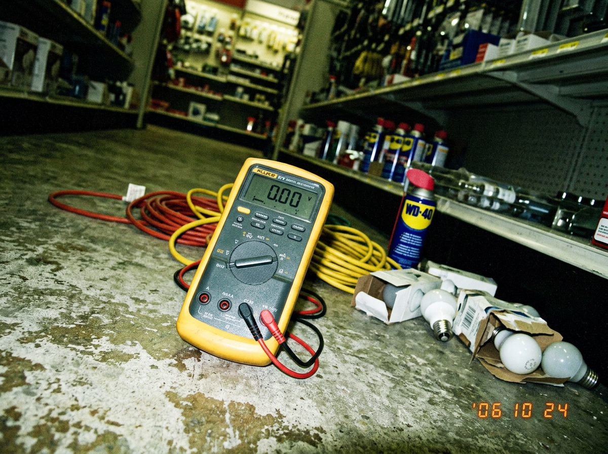 A Fluke 87V multimeter lying on a concrete floor in a dimly lit hardware store aisle, surrounded by scattered light bulbs and extension cords - the same photo LurkingObserver42 posted in the Euclid meetup thread. The meter is angled slightly, showing a reading of 0.00V on the LCD screen. A can of WD
