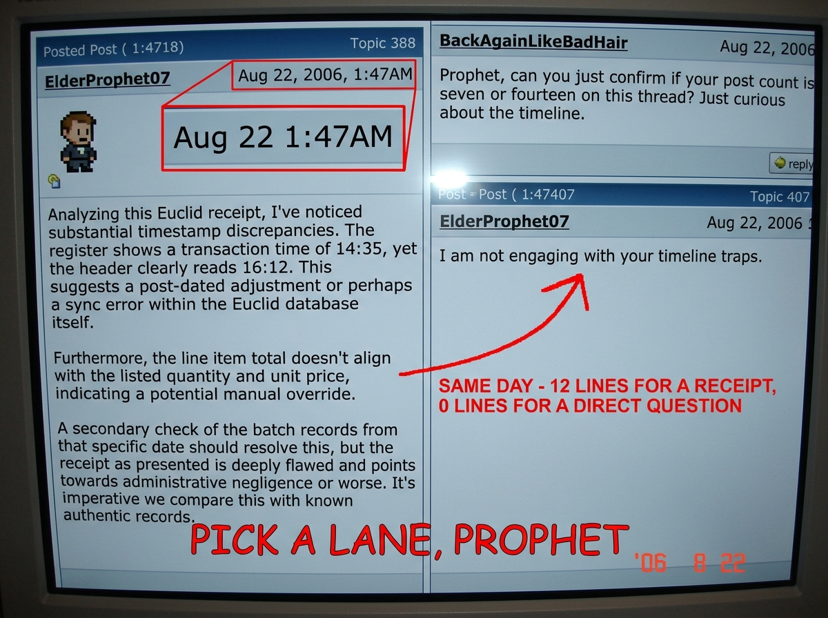 A screenshot collage showing ElderProphet07's forum posts side by side. Left panel: ElderProphet07 in topic 388 on Aug 22, 2006, writing a 12-line analysis about timestamp discrepancies in a Euclid receipt. Right panel: ElderProphet07 in topic 407 on the same date, responding to BackAgainLikeBadHair