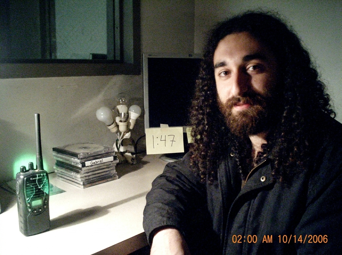 A grainy phone photo of a warehouse security desk at 2 AM, showing a cracked walkie talkie glowing faint green on the left side, with a small shrine of light bulbs and a handwritten note saying '1:47' taped to the monitor. The green glow casts shadows on a stack of Gabriel CD cases.