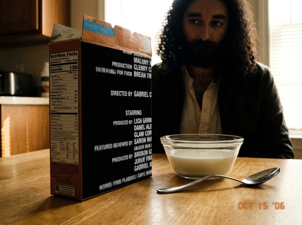 A surreal close-up of a cereal box on a kitchen table in dim morning light, the nutrition facts label replaced with scrolling white text on a black background that looks like movie credits. The text is blurry but a few words are legible: 'DIRECTED BY GABRIEL'. A glass bowl of milk sits next to it, t