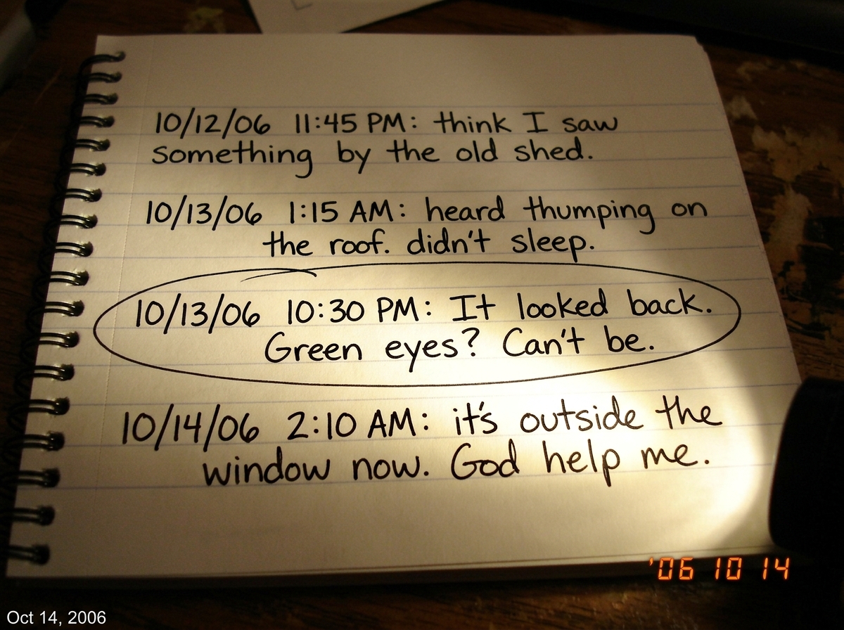 A handwritten notebook page with dates and timestamps, some entries circled, a flashlight beam illuminating the latest line written in messy handwriting